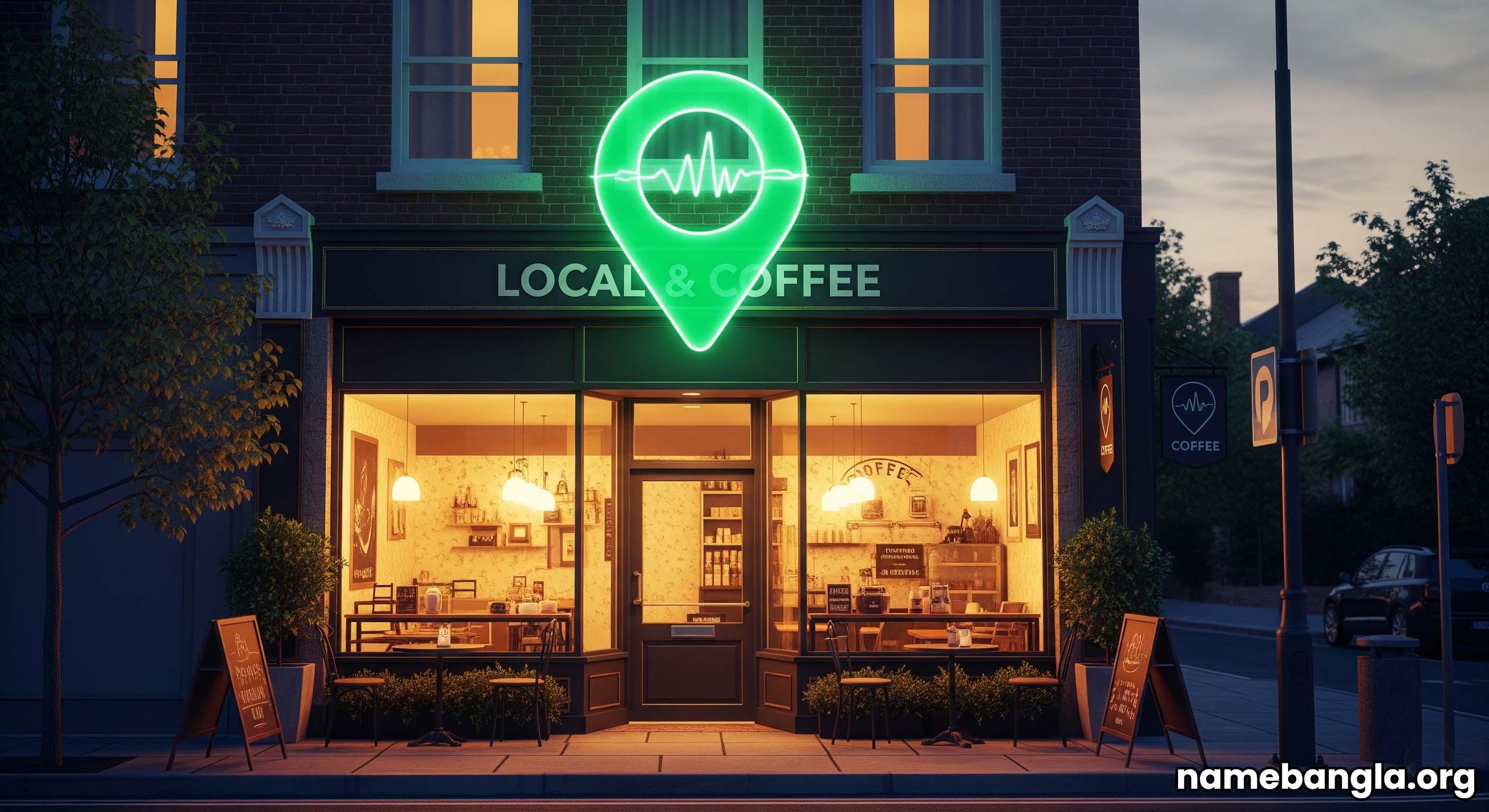 A small local shop with a glowing location pin above it.